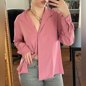 LONG SLEEVE BUTTON UP PINK STRIPED DRAPED SHIRT BLOUSE  y2k 2000s